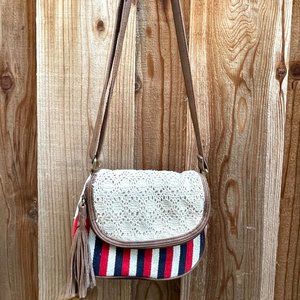 American Eagle Red/White/Blue Crochet Tassel Crossbody Purse Adjustable Strap